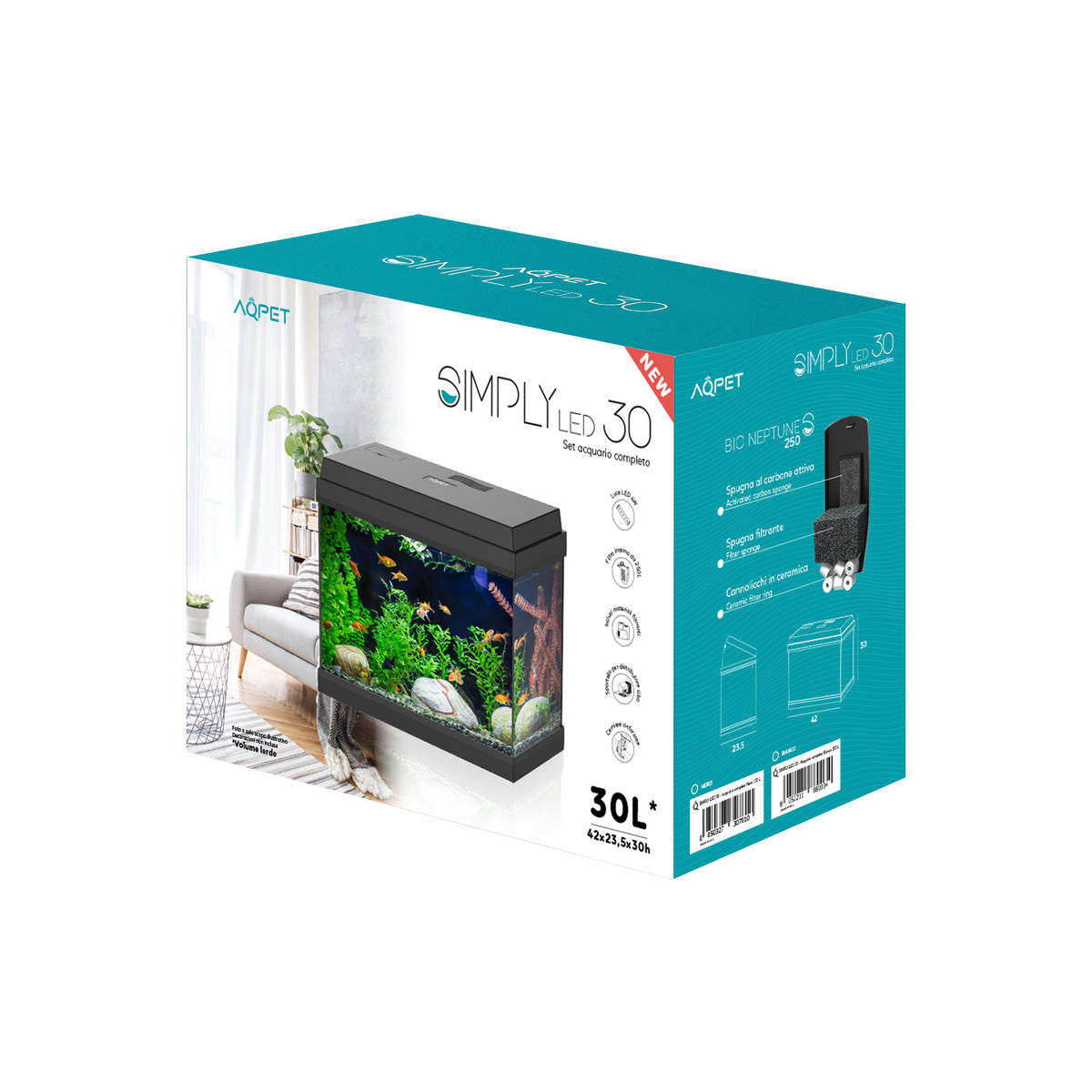AQPET ACQUARIO SIMPLY LED 30 NERO COMPLETO LUCE E FILTRO - 39X22X30 H CM