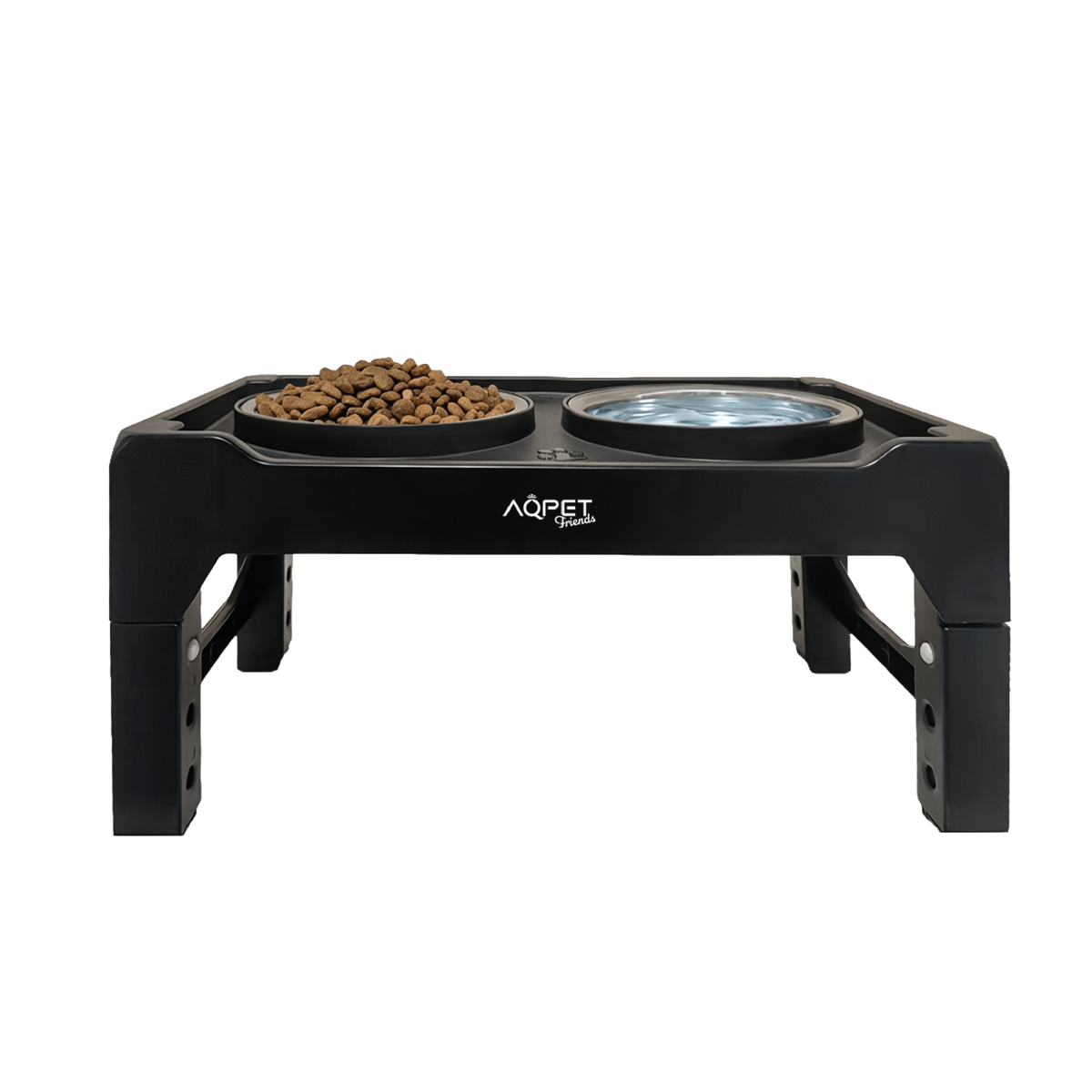 AQPET FRIENDS Porta Ciotole Rialzato per Cani a 3 Livelli Regolabili – Supporto Antiscivolo 40x22x8-26h cm con 2 Ciotole in Acciaio Inox Ø14 cm – Migliora la Postura Durante il Pasto