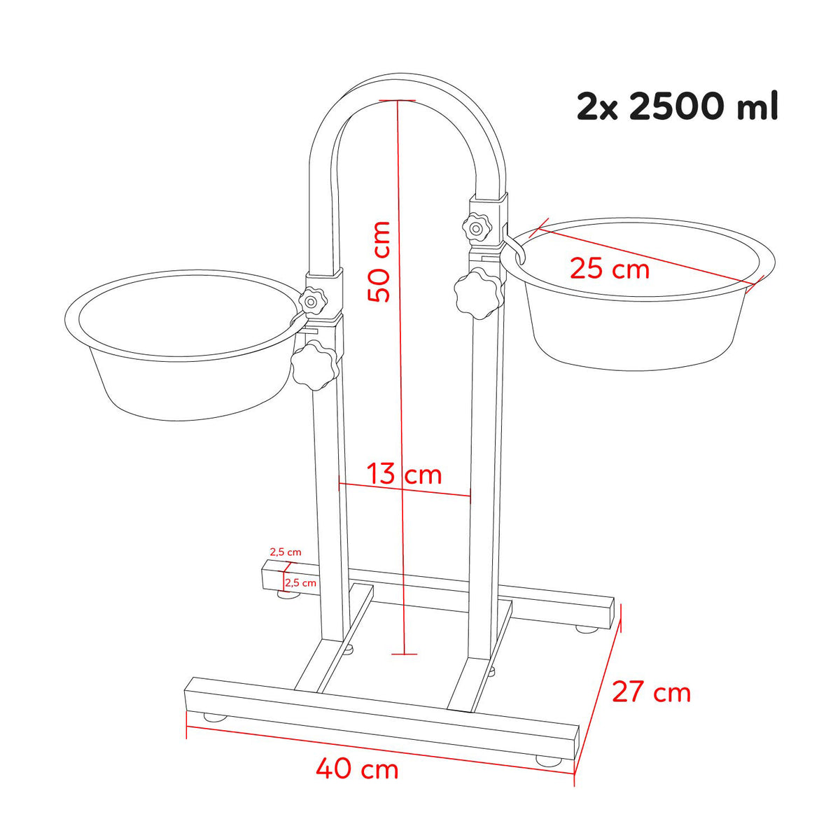 AQPET FRIENDS Gnammy Supporto U With 2 Raised Stainless Steel Bowls Adjustable Height For dogs cats Small animals 2x2500 ml. 25 Cm