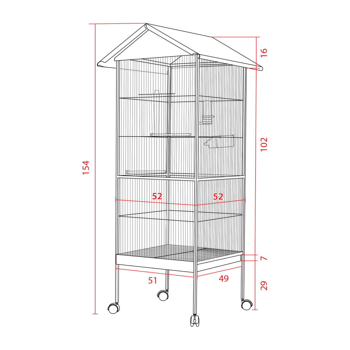 AQPET FRIENDS Voliera con Tetto per Uccelli Grandi e Canarini, Gabbia in Metallo con Piedistallo e Ruote, Adatta per Interno ed Esterno, Dimensioni 157x52x52 cm, Nero